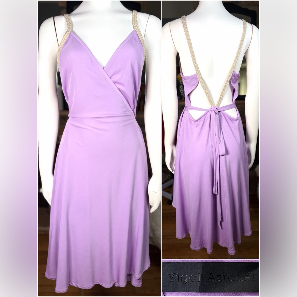 Yigal Azrouel Lt. Purple Rayon Wrap Dress w/ Open Back & Braided Tan Straps Sz M